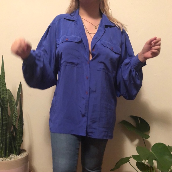 Vintage royal blue satin blouse - Picture 3 of 3